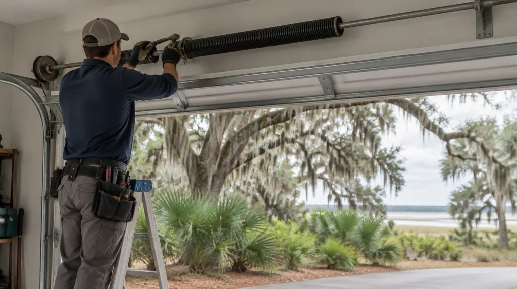 A technician replacing a torsion spring above a garage door in Mount Pleasant, SC