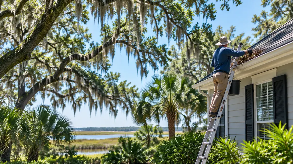 A worker cleaning leaves out of a gutter from a ladder in Mount Pleasant, SC