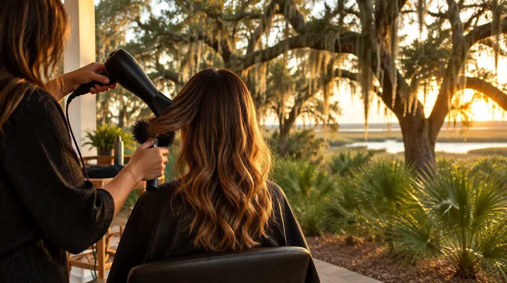 A stylist blow-drying a client’s hair in Mount Pleasant, SC