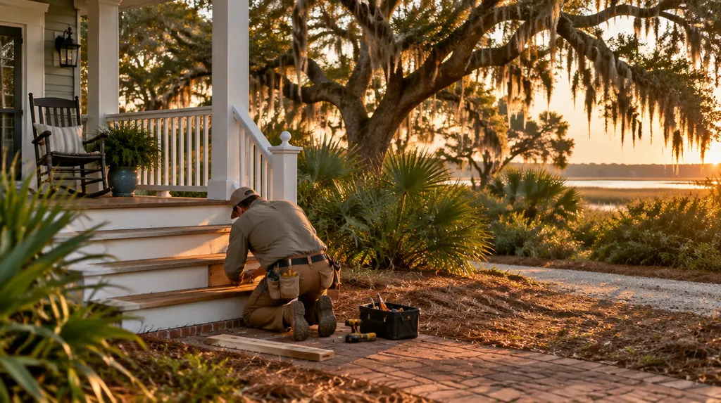 A handyman repairing a wooden porch step in Mount Pleasant, SC