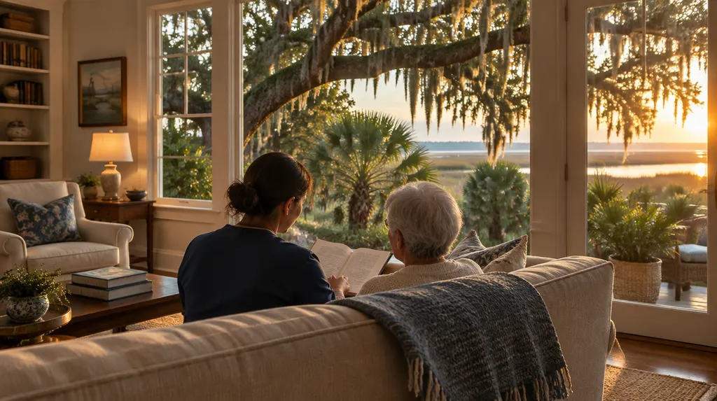 A warm living room with a caregiver and a senior reading together in Mount Pleasant, SC