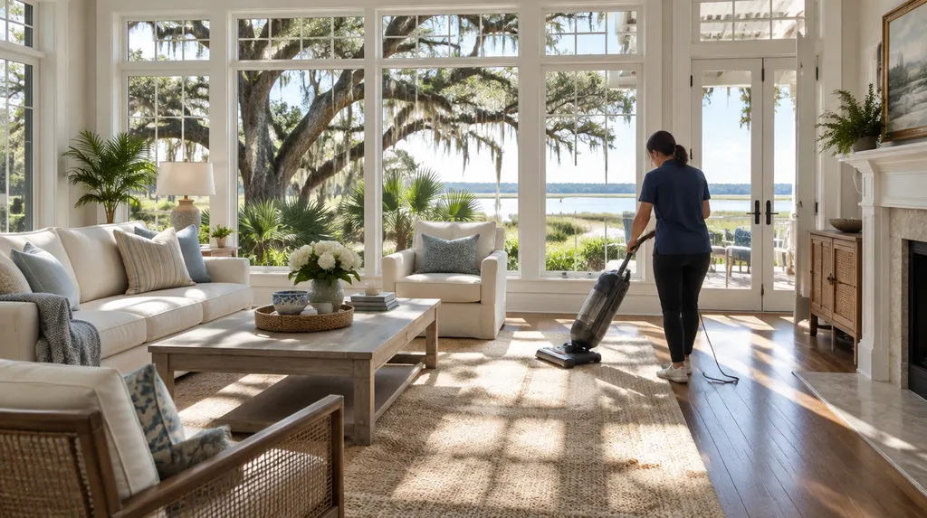 A cleaner vacuuming a sunny living room in Mount Pleasant, SC