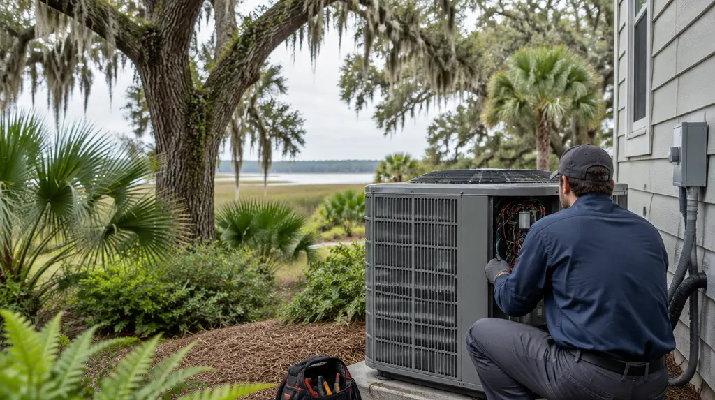 An HVAC technician servicing an outdoor condenser beside a house in Mount Pleasant, SC