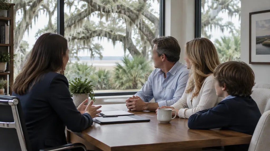 An insurance agent meeting a family in an office in Mount Pleasant, SC