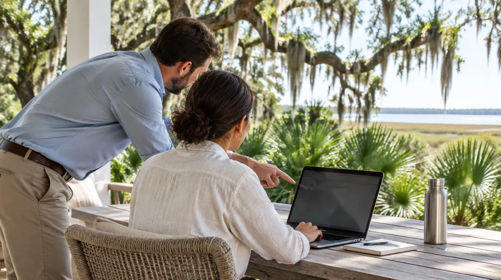 An IT consultant helping an employee at a laptop in Mount Pleasant, SC