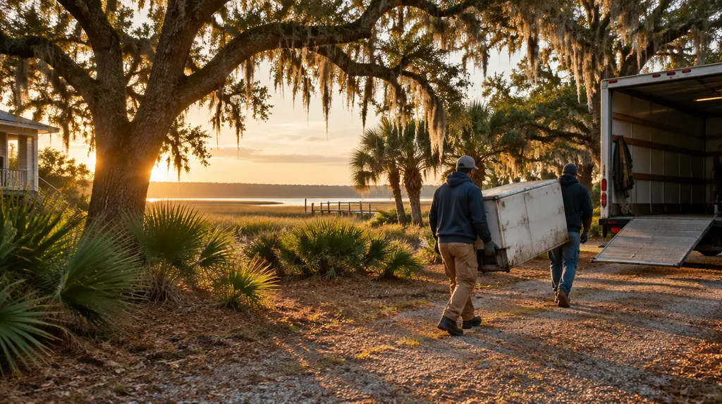 Workers carrying an old appliance to a truck in Mount Pleasant, SC