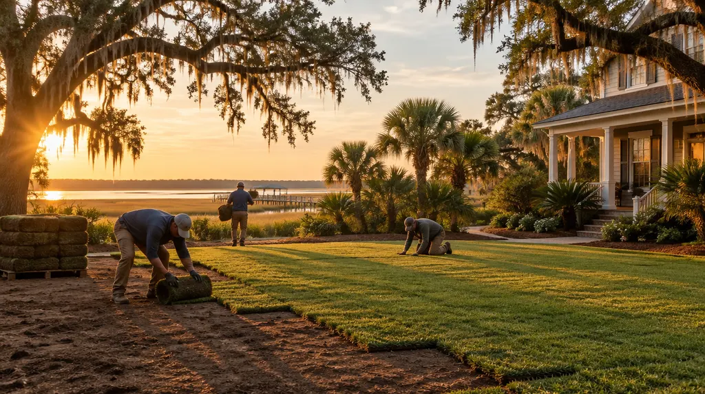 A crew laying fresh sod in a front yard in Mount Pleasant, SC