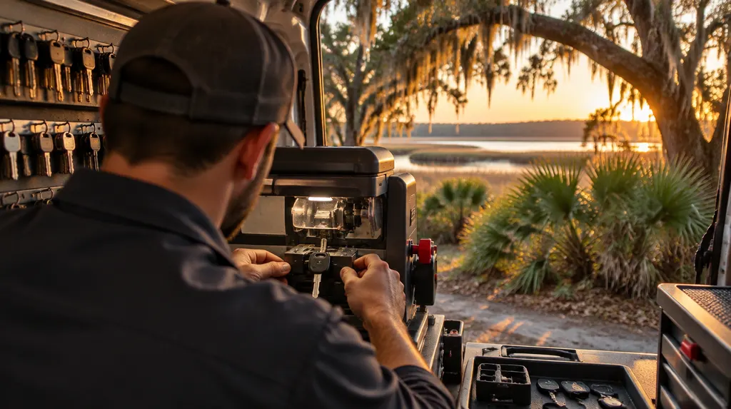 A locksmith cutting a new car key at a key machine in a work van in Mount Pleasant, SC