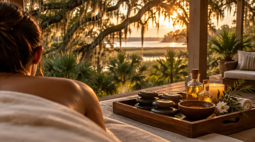 Warm stones and oils on a wooden tray in a spa in Mount Pleasant, SC
