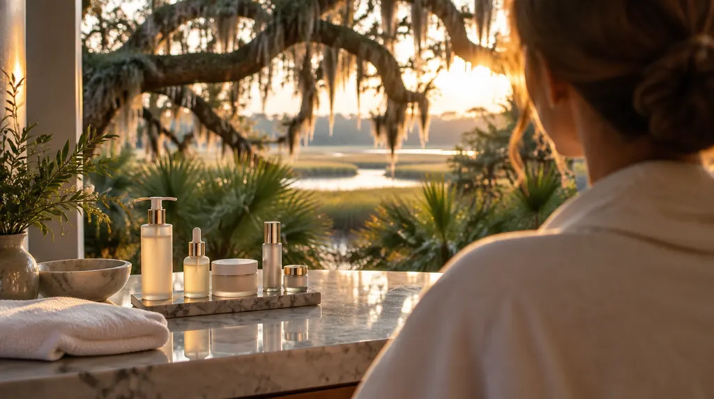Skincare products on a marble counter in a spa in Mount Pleasant, SC