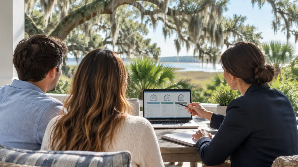 A mortgage broker explaining loan options to a young couple in Mount Pleasant, SC