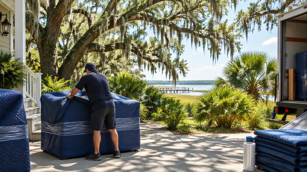 A mover wrapping furniture in moving blankets in Mount Pleasant, SC