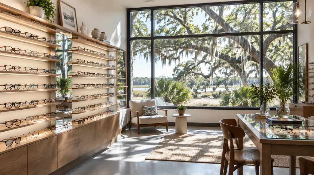 A wall of stylish eyeglass frames in an optical shop in Mount Pleasant, SC