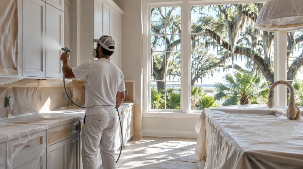 A painter spraying kitchen cabinets in a prepped room in Mount Pleasant, SC