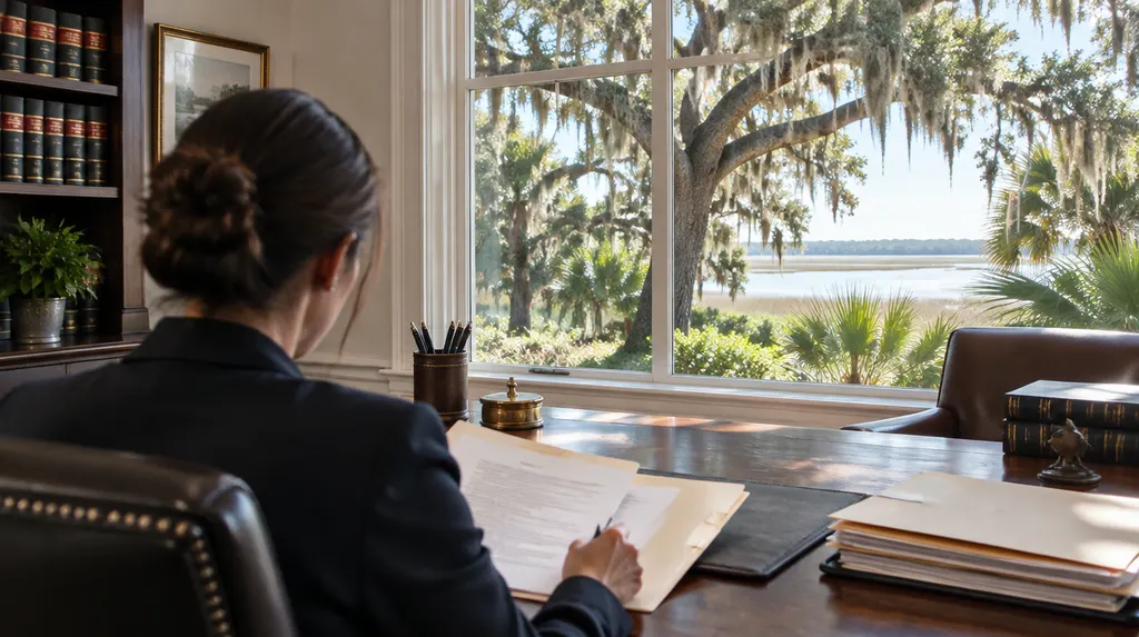 A lawyer reviewing a case file in a law office in Mount Pleasant, SC