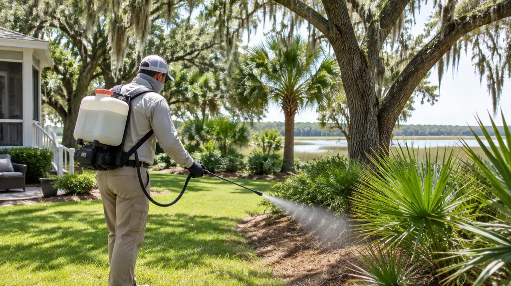 A technician treating a backyard for mosquitoes in Mount Pleasant, SC