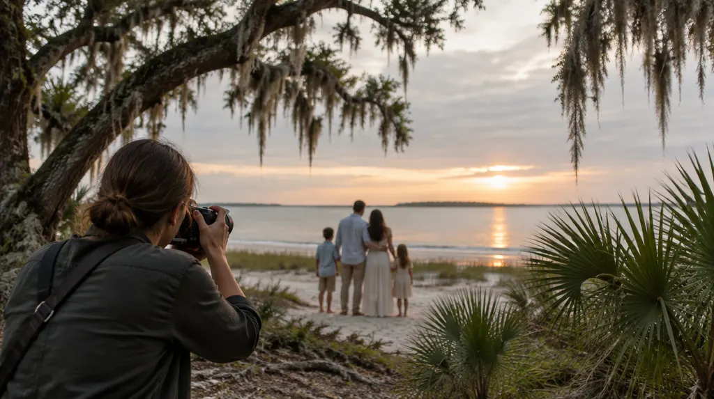 A photographer shooting a family on a beach at sunset in Mount Pleasant, SC