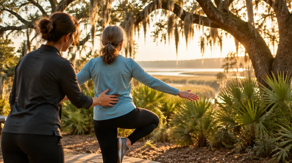 A therapist guiding a patient on a balance exercise in Mount Pleasant, SC