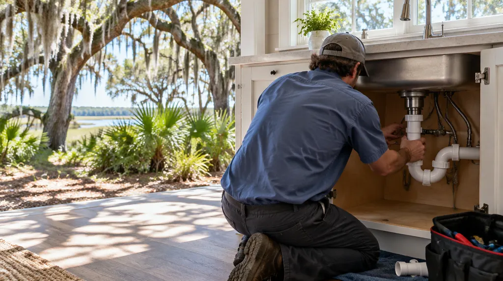A plumber kneeling under a kitchen sink fitting a new pipe in Mount Pleasant, SC