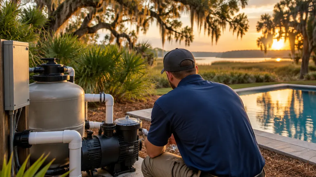 A technician checking pool equipment and a pump in Mount Pleasant, SC