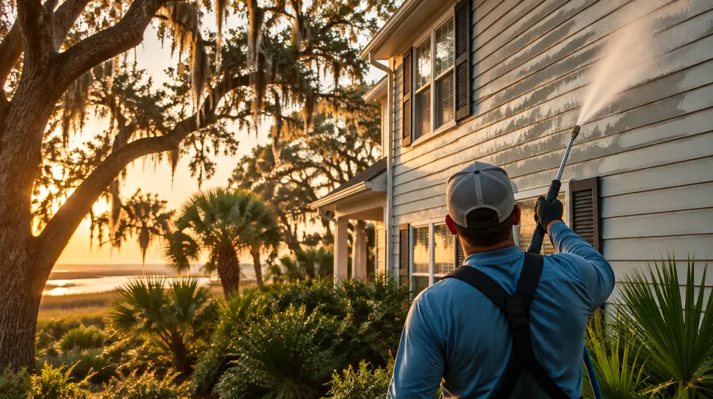 Soft washing the vinyl siding of a two-story house in Mount Pleasant, SC