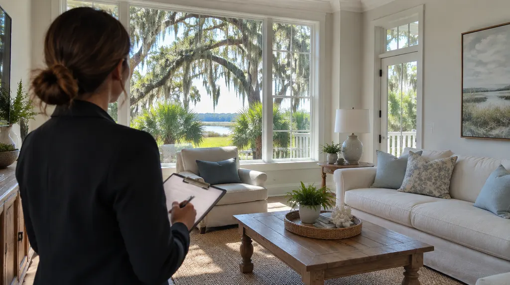 A property manager inspecting a rental living room in Mount Pleasant, SC