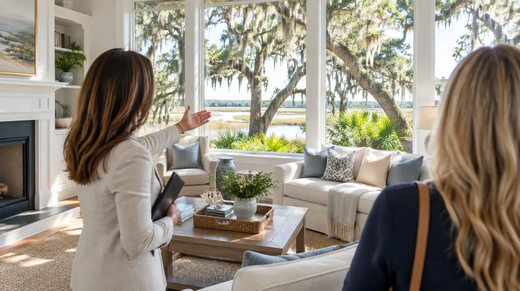A real estate agent showing a bright living room in Mount Pleasant, SC