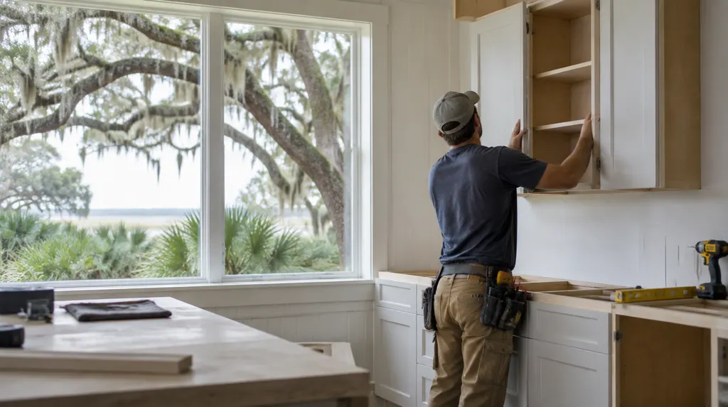 A remodeler installing new kitchen cabinets in Mount Pleasant, SC