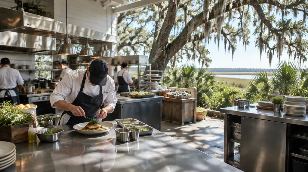 A chef plating a dish in a busy kitchen in Mount Pleasant, SC