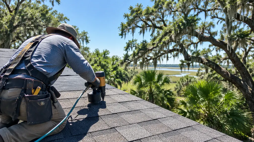 A roofer nailing architectural shingles on a sunny roof in Mount Pleasant, SC