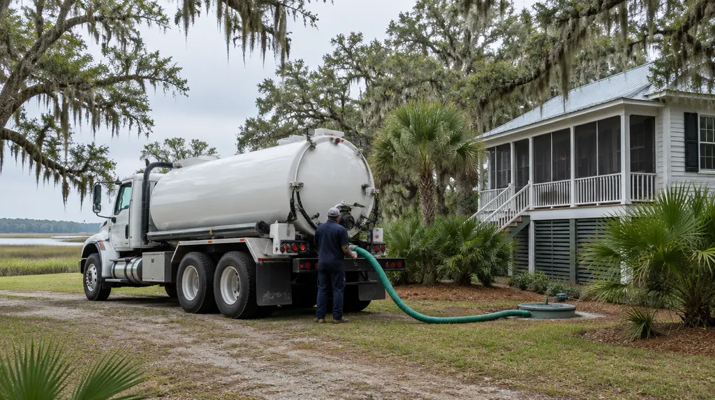A septic pump truck parked beside a rural house in Mount Pleasant, SC