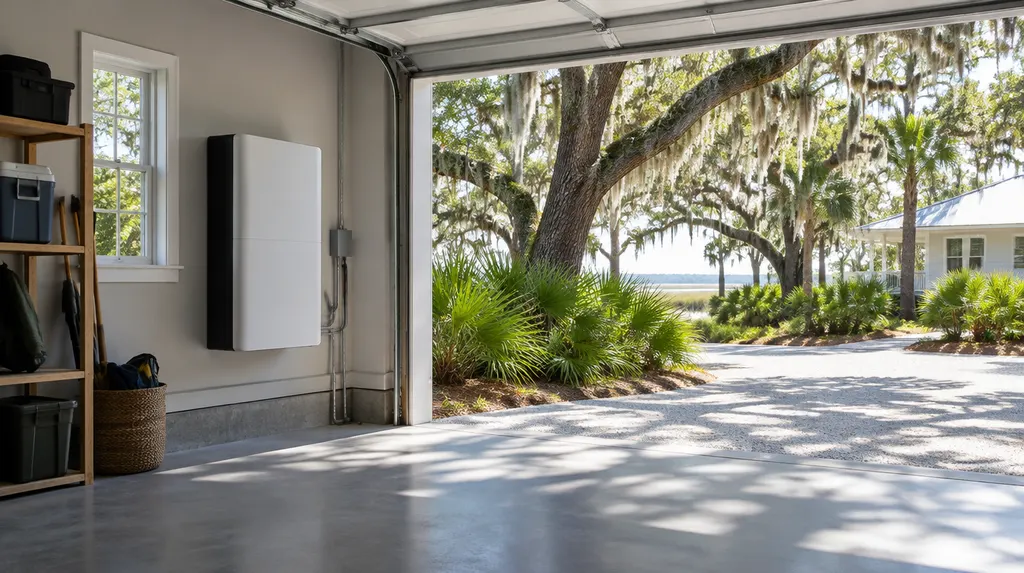 A home battery unit installed in a garage in Mount Pleasant, SC