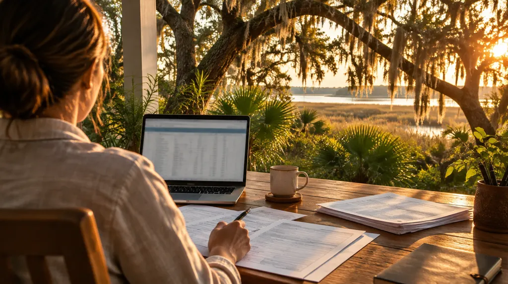 A tax office desk with forms and a laptop in Mount Pleasant, SC