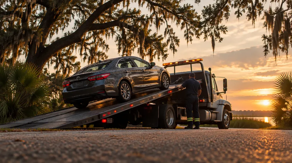 A flatbed tow truck loading a car at dusk in Mount Pleasant, SC