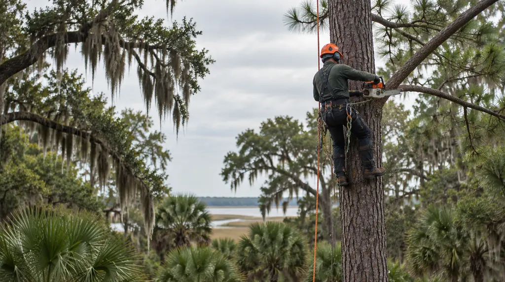 An arborist in a harness trimming a tall pine in Mount Pleasant, SC