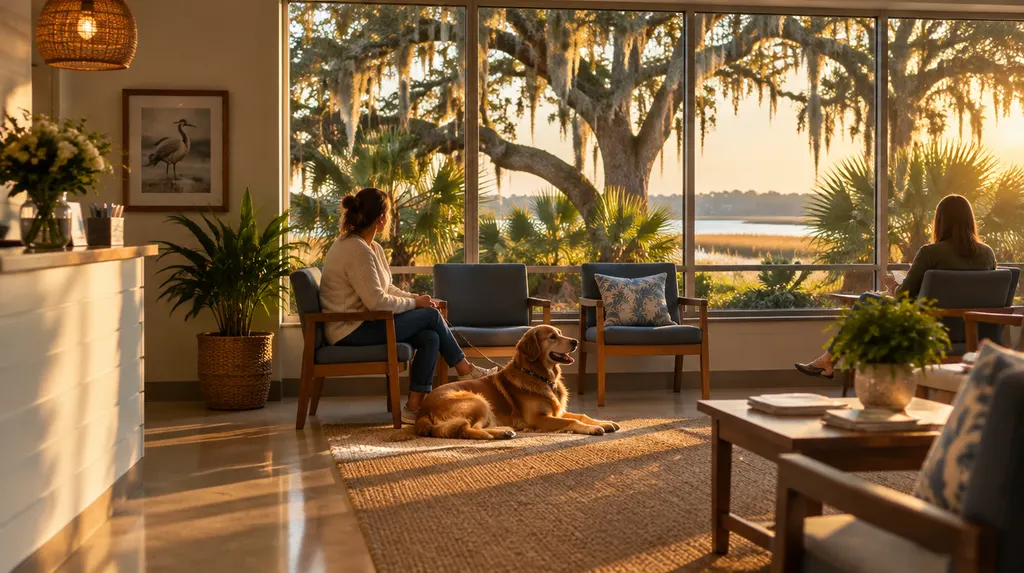 A friendly vet clinic waiting area with a dog in Mount Pleasant, SC