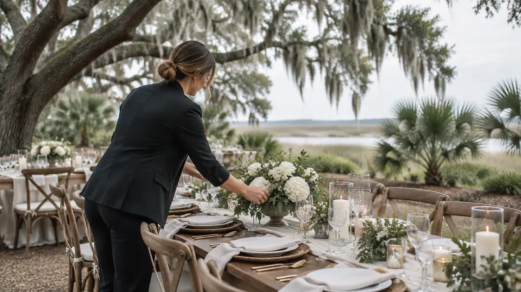 A wedding planner arranging a reception table in Mount Pleasant, SC