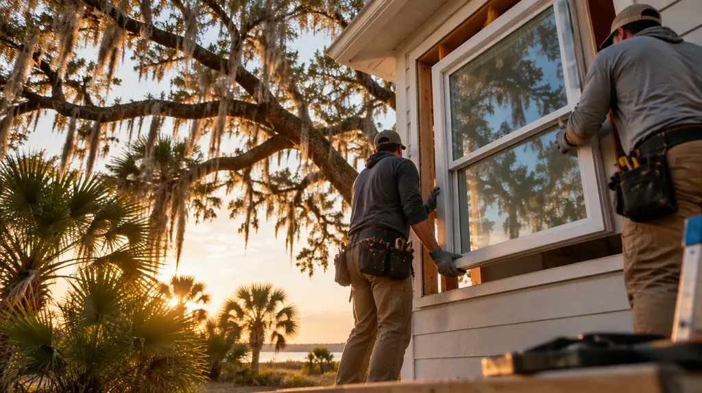 Installers fitting a new double-hung window in Mount Pleasant, SC