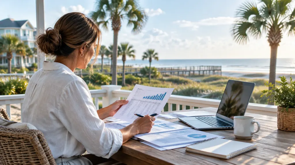An accountant reviewing financial reports at a desk in Myrtle Beach, SC