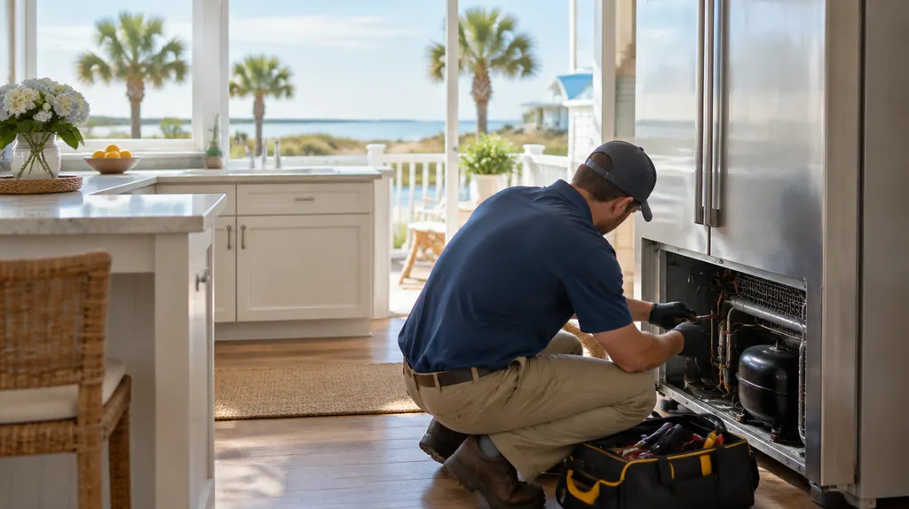 A technician repairing a refrigerator in a kitchen in Myrtle Beach, SC
