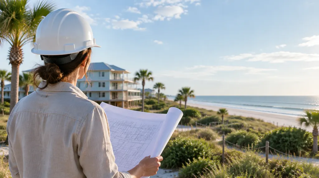 An architect on site with plans and a hard hat in Myrtle Beach, SC