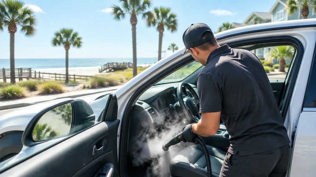 A detailer cleaning a car interior with a steam tool in Myrtle Beach, SC