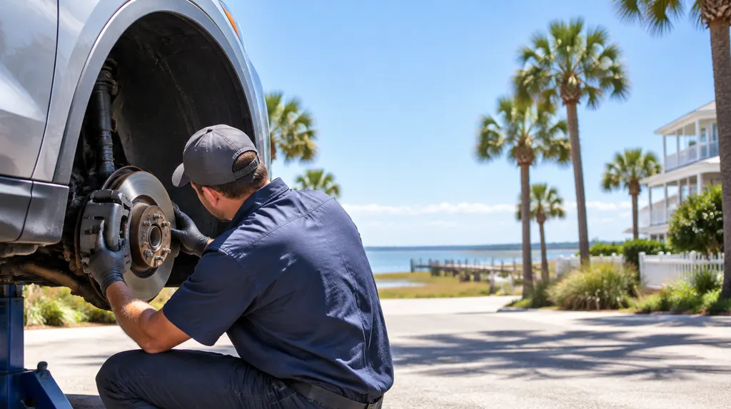 A mechanic checking brakes on a wheel in Myrtle Beach, SC