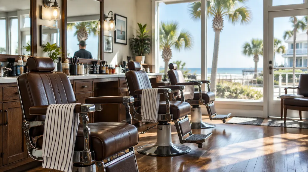A classic barbershop with leather chairs in Myrtle Beach, SC