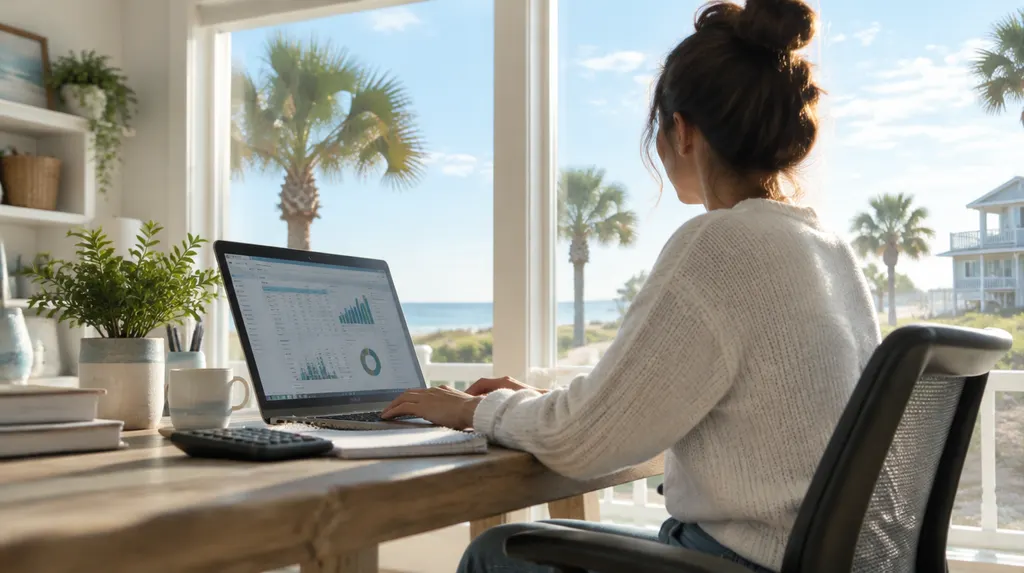 A bookkeeper working on financial software in a home office in Myrtle Beach, SC