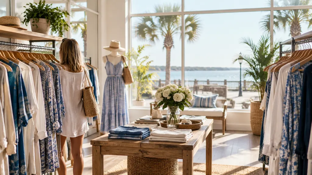 A stylish boutique interior with clothing racks in Myrtle Beach, SC