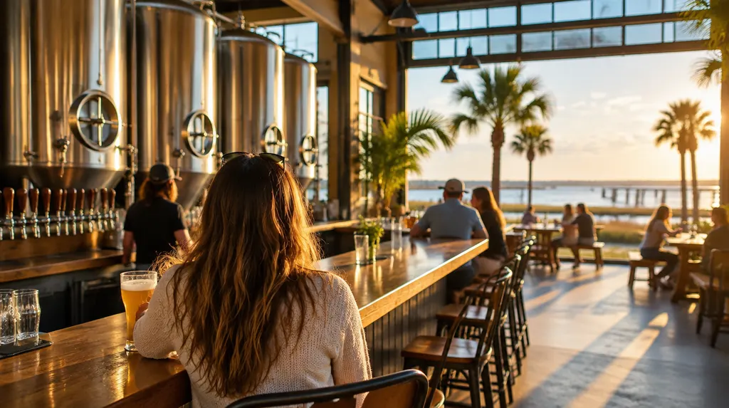 A craft brewery taproom with tanks and a bar in Myrtle Beach, SC