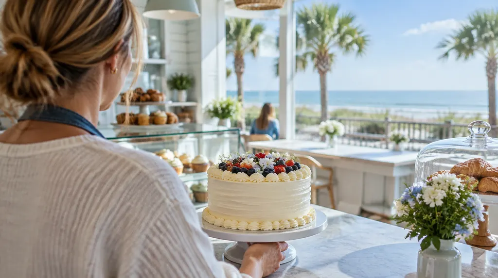 A decorated celebration cake in a bakery in Myrtle Beach, SC