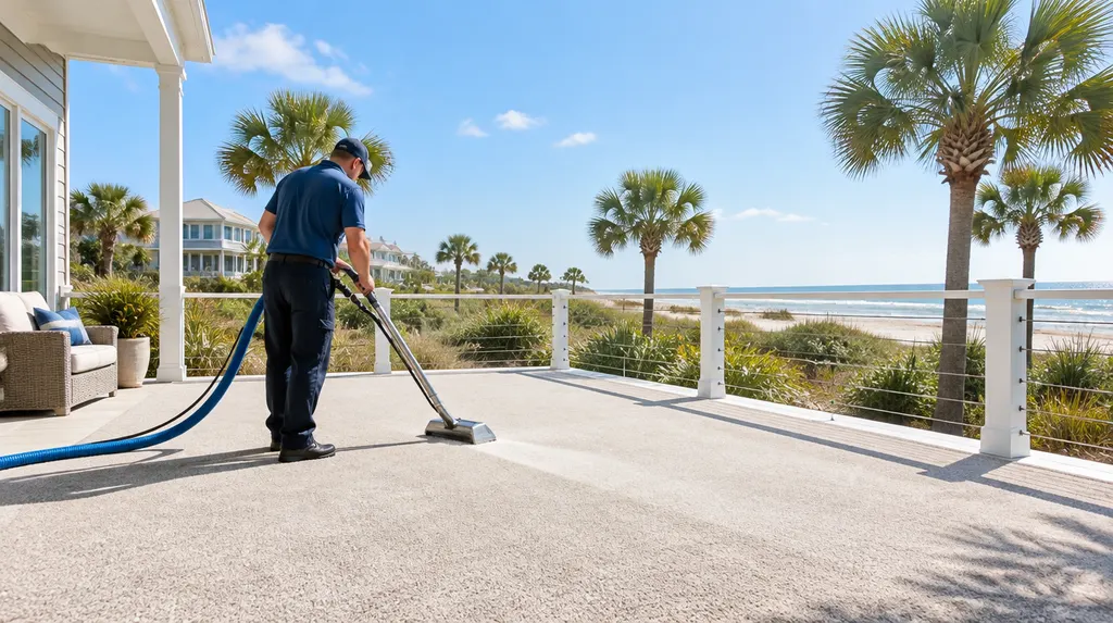 A technician cleaning a carpet with a wand in Myrtle Beach, SC