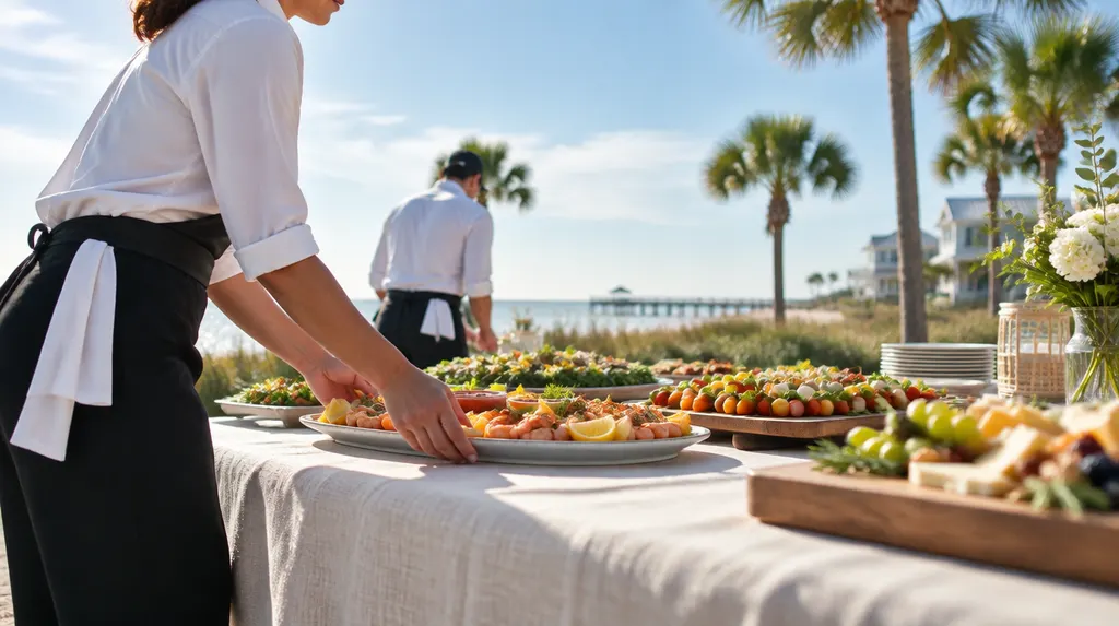 Caterers arranging platters on a table in Myrtle Beach, SC